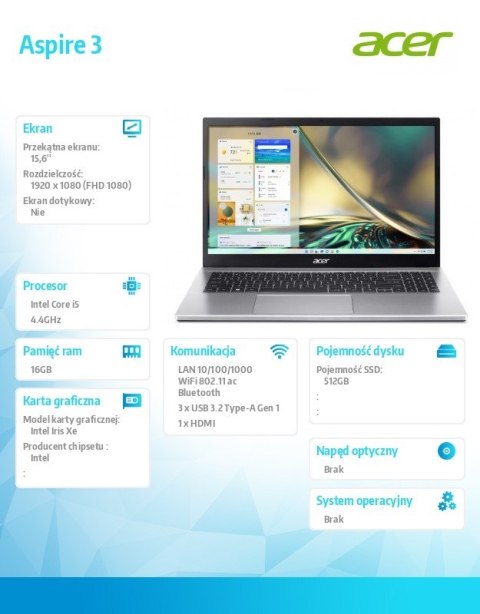 Acer Laptop Aspire 3 i5-1235U 15.6 cala FHD 16GB DDR4 512GB SSD NoOS Srebrny
