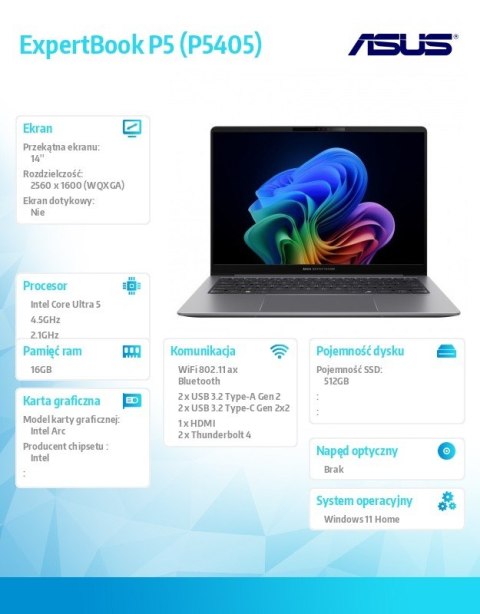 Asus Notebook ExpertBook P5 P5405CSA-NZ0416W Ultra 5 226V/16GB/512GB/14 WQXGA/Win 11Home/3YRS