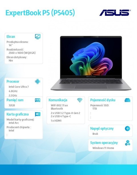 Asus Notebook ExpertBook P5 P5405CSA-NZ0895W Ultra 7 258V/32GB/1TB/14 WQXGA/Win 11Home/3YRS