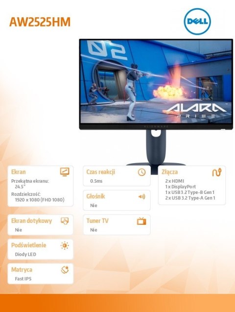 Dell Monitor AW2525HM 24.5 AMD FreeSync Premium & NVIDIA G-SYNC Compatible 320Hz Full HD (1920x1080)/16:9/DP/2xHDMI/USB 3.2/3Y AES&PP
