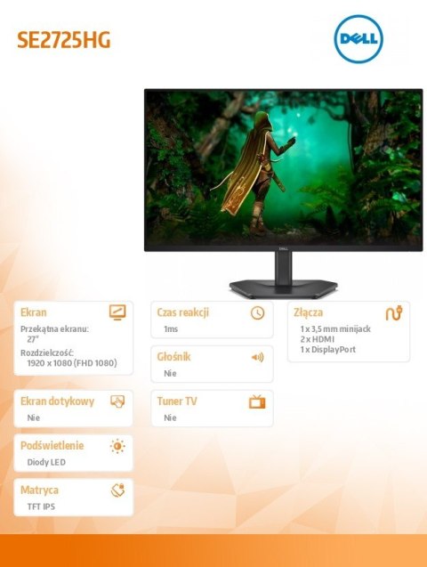 Dell Monitor SE2725HG 27 cali AMD FreeSync Premium 200Hz Full HD (1920x1080)/16:9/2xHDMI/DP/3Y AES&PPE