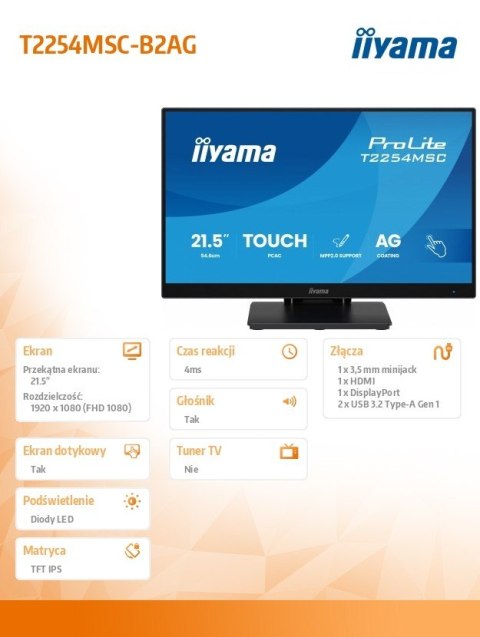 IIYAMA Monitor 21.5 cala T2254MSC-B2AG POJ.10PKT., IPS, POWŁOKA AG, 300cd, FHD, HDMI, DP, 2xUSB, 7H