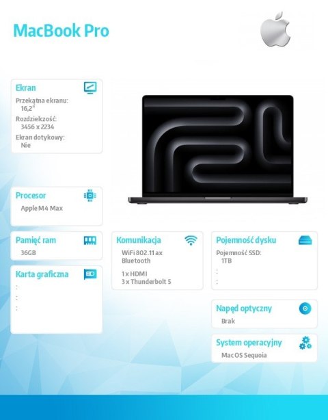 Apple MacBook Pro 16.2 cali: M4 Max 14/32, 36GB, 1TB SSD - Czarny