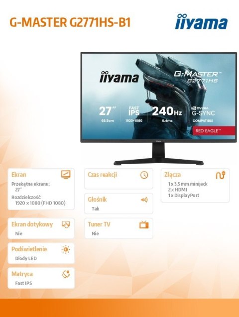 IIYAMA Monitor 27 cali G2771HS-B1 0.4ms,Fast IPS,DP,2xHDMI,240Hz,350cd, Adaptive G-SYNC - 1920 x 1080 @48-240Hz DisplayPort Only