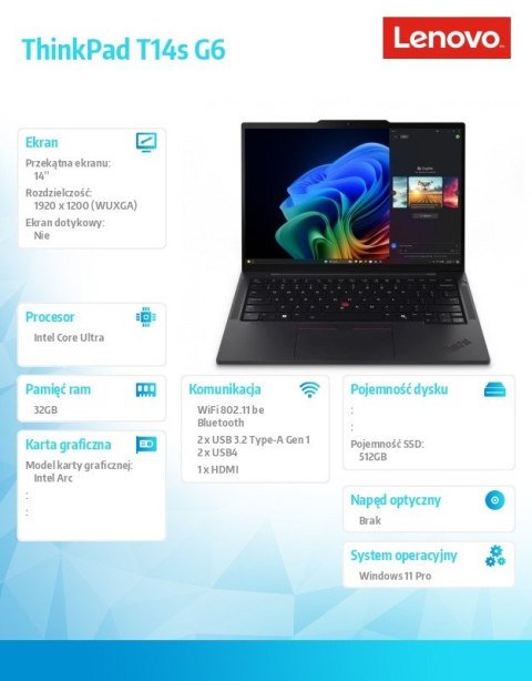 Lenovo Ultrabook ThinkPad T14s G6 21QX00H5PB W11Pro Ultra 5 228V/32GB/512GB/INT/14.0 WUXGA/Black/3YRS Premier Support + CO2 Offset