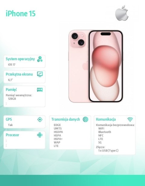Apple IPhone 15 128GB - Różowy