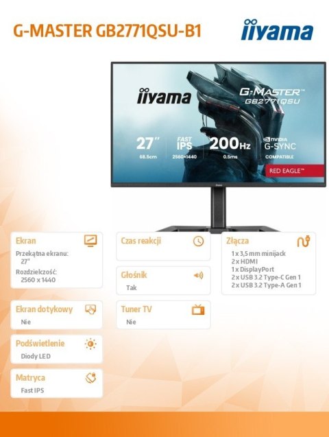 IIYAMA Monitor 27 cali GB2771QSU-B1 QHD,Fast IPS,200Hz,HAS (150) PIVOT,2xUSB 3.2,2xUSB C,0,5ms,2xHDMI,DP,350cd,Adaptive G-SYNC 2560x144