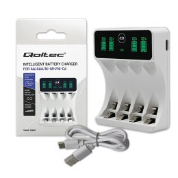 Qoltec Ładowarka Qoltec do akumulatorków Ni-MH typu R03 AAA R6 AA | LCD | Kabel USB-C | Biała