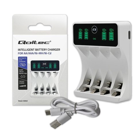 Qoltec Ładowarka Qoltec do akumulatorków Ni-MH typu R03 AAA R6 AA | LCD | Kabel USB-C | Biała