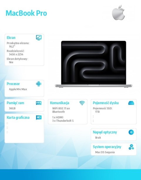 Apple MacBook Pro 16.2 cali: M4 Max 14/32, 36GB, 1TB SSD - Srebrny