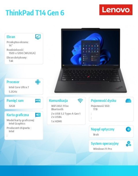 Lenovo Ultrabook ThinkPad T14 G6 21QC00BRPB W11Pro Ultra 7 255U/32GB/1TB/INT/14.0 WUXGA/Black/3YRS Premier Support + CO2 Offset