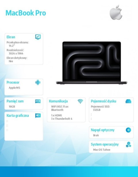 Apple MacBook 14.2 cala: M5 10C/10C, 16GB, 512GB SSD - Gwiezdna czerń