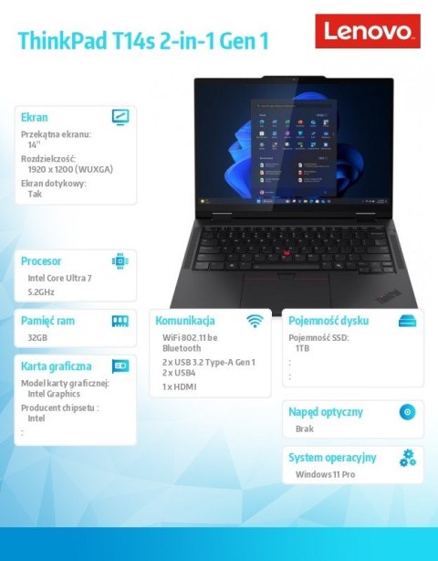 Lenovo Ultrabook ThinkPad T14s 2in1 G1 21R30041PB W11Pro ULT7 255U/32GB/1TB/INT/14.0 WUXGA/Touch/Black/3YRS Premier Support + CO2 Offse