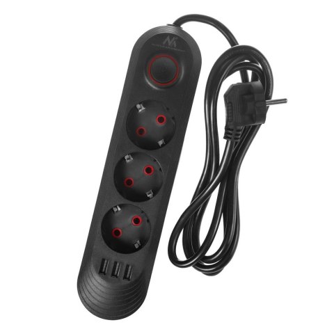 Maclean Listwa zasilająca Maclean MCE394 B, przedłużacz 3gniazda + 3xUSB, 110-240V AC 50/60Hz, 2.1A max 2500W, 1,5m, czarna