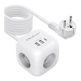 Qoltec Kostka zasilająca Qoltec przedłużacz 6w1 z podświetlanym włącznikiem | 3x AC | 2x USB | 1x USB-C PD 20W | Biała | Kabel 2m