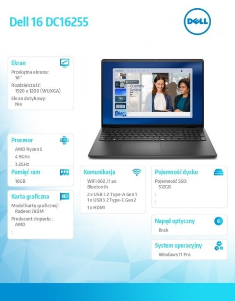 Dell Laptop Dell 16 DC16255 W11P Ryzen 5 220|16GB|512GB|AMD Radeon|FgrPr|WLAN+BT|16.0 FHD+|Backlit Kb|3C|65W|3YPS Carbon Black (Plast