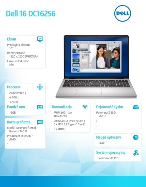 Dell Laptop Dell 16 DC16256 W11P R5-220|16GB|512GB|AMD Radeon|FgrPr|WLAN+BT|16.0 FHD+|Backlit Kb|4C|65W|3YPS Platinum Silver (Metal)