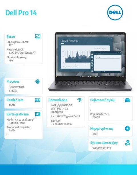 Dell Laptop Dell Pro 14 PC14255/AMD Ryzen 5 220/16GB/256GB/14.0 FHD+/Radeon 740M/FgrPr/Cam & Mic/WLAN + BT/Backlit Kb/3 Cell/W11Pro