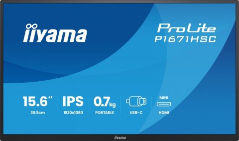 IIYAMA Monitor 15.6 cala P1671HSC-B1 IPS,FHD,miniHDMI,2xUSBC,250cd,8ms,2x1W, 0,7kg