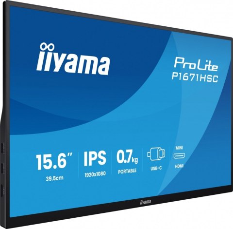 IIYAMA Monitor 15.6 cala P1671HSC-B1 IPS,FHD,miniHDMI,2xUSBC,250cd,8ms,2x1W, 0,7kg