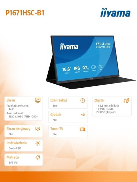 IIYAMA Monitor 15.6 cala P1671HSC-B1 IPS,FHD,miniHDMI,2xUSBC,250cd,8ms,2x1W, 0,7kg