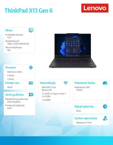 Lenovo Ultrabook ThinkPad X13 G6 21RK005QPB W11Pro Ultra 5 225U/16GB/512GB/INT/13.3 WUXGA/Black/3YRS Premier Support + CO2 Offset