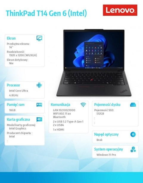Lenovo Ultrabook ThinkPad T14 G6 21QC002YPB W11Pro Ultra 5 225U/16GB/512GB/INT/14.0 WUXGA/Black/3YRS Premier Support + CO2 Offset