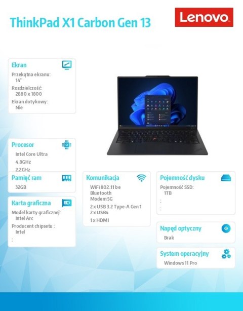 Lenovo Ultrabook Thinkpad X1 Carbon G13 21NS004UPB W11Pro Ultra 7 258V/32GB/1TB/INT/14.0 2.8K/Black/3YRS Premier Support + CO2 Offset