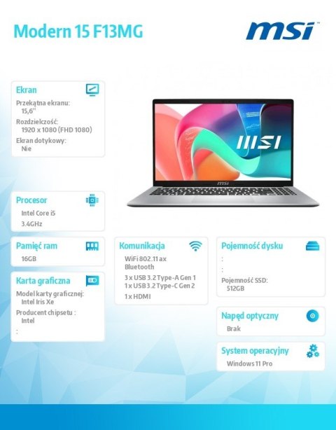 MSI Notebook Modern 15 F13MG-443PL WIN11PRO/Raptor Lake i5-1334U/16GB/512SSD/IrisXe/15.6''/3Y