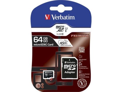 Verbatim Karta pamięci MicroSDXC Verbatim 64GB Class 10 + adapter