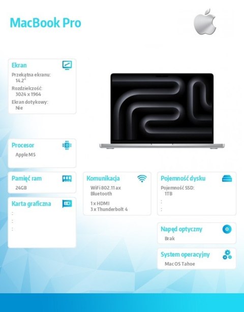 Apple MacBook Pro 14.2 cala: M5 10C/10C, 24GB, 1TB SSD - Srebrny