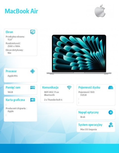 Apple MacBookAir 13 cali /10C GPU/16GB /512GB Srebrny