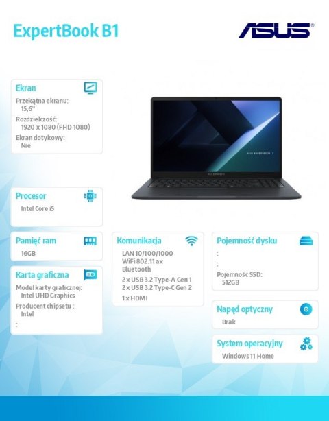 Asus Notebook ExpertBook B1 B1503CVA-S72273W - i5-1334U/16GB/512GB/15.6 FHD/Win 11 HOME /3YRS