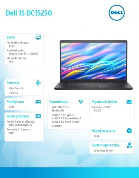 Dell Laptop Dell 15 DC15250 W11P i5-1334U/8GB/512GB SSD/UHD/WLAN + BT/15.6 FHD/Backlit Kb/3 Cell/65W/3YPS Carbon Black (Plastic)