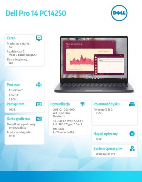 Dell Laptop Dell Pro 14 PC14250 W11P C7 150U/16GB/512GB/FgrPr/FHD IR Cam&Mic/WLAN+BT|14.0 FHD+|BcklKb/3C/65W/3YPS Magnetite color, te