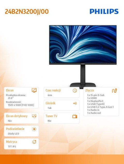 Philips Monitor 24B2N3200J 23.8 cala IPS 120Hz HDMI DP VGA Pivot Glośniki
