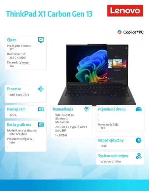Lenovo Ultrabook ThinkPad X1 Carbon G13 21NX009CPB W11Pro Ultra 7 255U/32GB/1TB/14.0 2.8K/Touch/Black/3YRS Premier Support + CO2 Offset