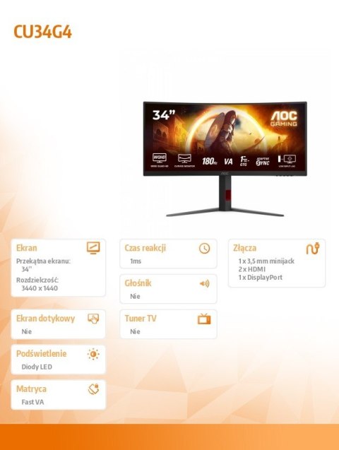 AOC Monitor CU34G4 34 cale 180Hz Curved VA HDMIx2 DP HAS