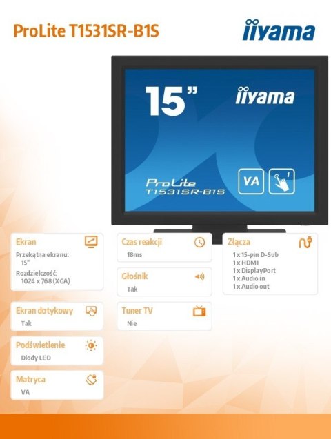 IIYAMA Monitor 15 cali T1531SR-B1S VA,RESISTIVE,HDMI,DP,VGA,IP54,2x1W