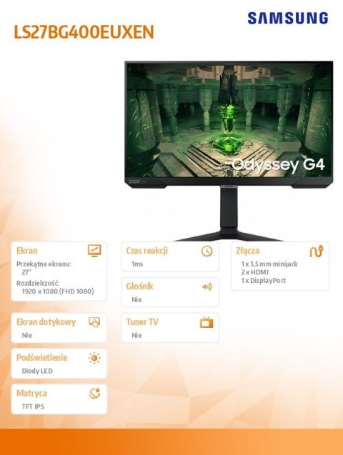 Samsung Monitor 27 cali LS27BG400EUXEN IPS 1920x1080 FHD 16:9 2xHDMI/1xDP 1 ms (GTG) płaski HAS+PIVOT 240Hz Gaming 2 lata d2d
