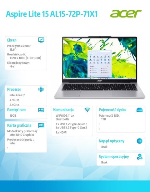 Acer Notebook Aspire Lite 15 AL15-72P-71X1 i7-13620H, 15.6, FHD IPS, 16GB DDR5, 1TB SSD, NoOS
