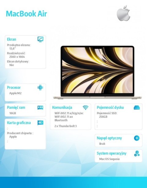 Apple MacBook Air 13.6: M2 8/8, 16GB, 256GB - Księżycowa poświata MC7W4ZE/A