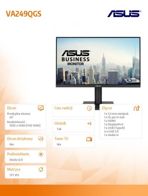 Asus Monitor 24 cale VA249QGS FHD IPS 120Hz HDMI DP VGA