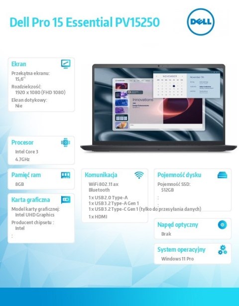 Dell Laptop Dell Pro 15 Essential PV15250 W11P C3-100U|8GB|512GB|Intel UHD|FgrPr|WLAN+BT|15.6 FHD|BcklKb|3C|65W|3YPS Carbon Black (Pl
