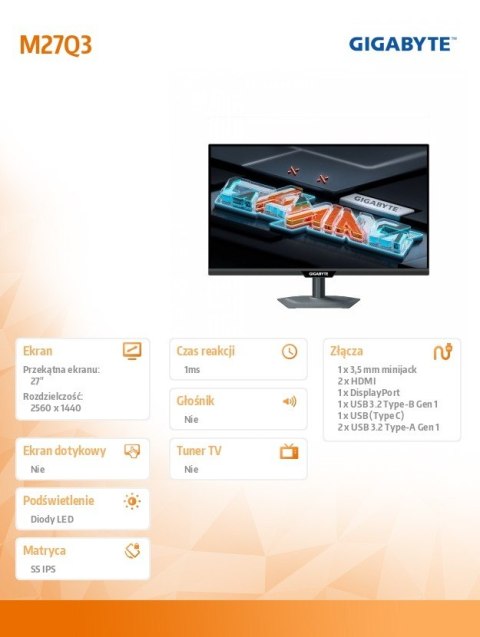 Gigabyte Monitor 27 cali M27Q3 GAMING QHD IPS 300Hz DP HDMI