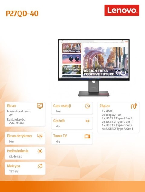 Lenovo Monitor ThinkVision P27QD-40 27 cali 64B3GAT2EU