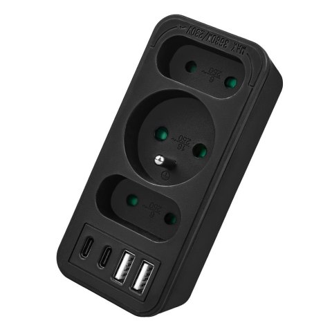 Maclean Gniazdko prądowe x3 + 4xUSB Maclean MCE248 F/B, rozgałęźnik z 3 gniazdami, 2xUSB A, 2xUSB C PD 20W, 1x16A + 2x6A