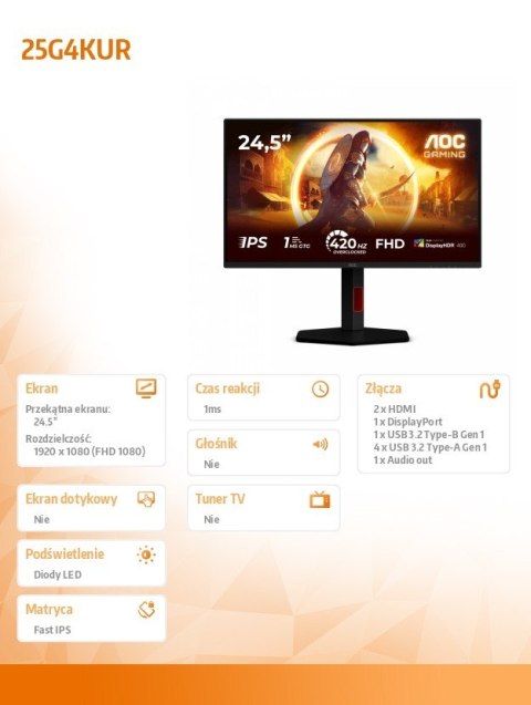 AOC Monitor 25G4KUR 24.5 cala IPS 420Hz HDMIx2 DP Pivot