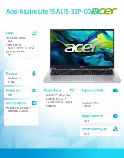 Acer Laptop Lite 15 AL15-32P-C0AW Celeron N4500, 15.6 FHD IPS, 8GB, 256GB SSD, No OS, Pure Silver