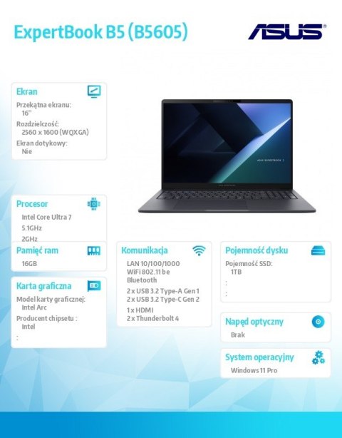 Asus Notebook ExpertBook B5 B5605CCA-PL0061X - ultra 7 255H/16GB/1TB/16 WQXGA/Win 11 PRO/3YRS